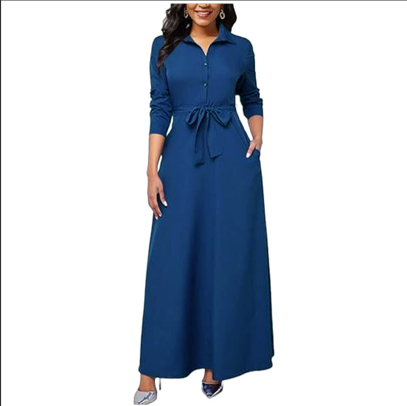 Maxi dress for women with chic shirt collar and belt at the waist Lune London