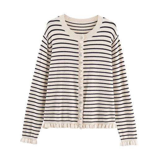 Striped knit jacket for women with ruffle details and button closure Lune London