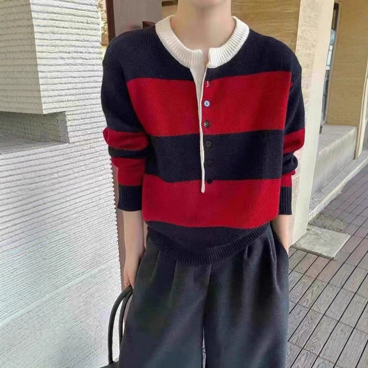 Pull en maille à manches courtes pour femme avec patte de boutonnage et rayures contrastées Chic & Stil