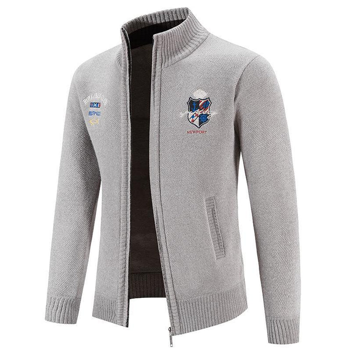 Trendy knitted jacket for men with high collar and detailed embroidery Lune London