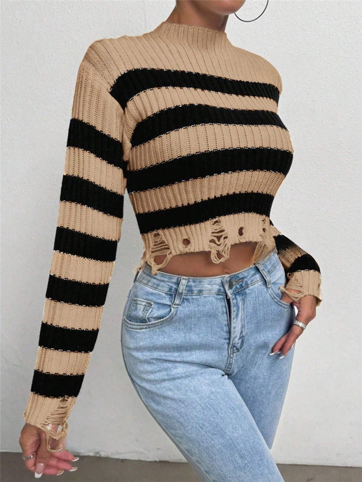 Ladies Cropped Sweater with stylish stripes and distressed details Lune London