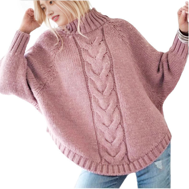 Thick knitted sweater for women with a high collar and decorative braided pattern Lune London