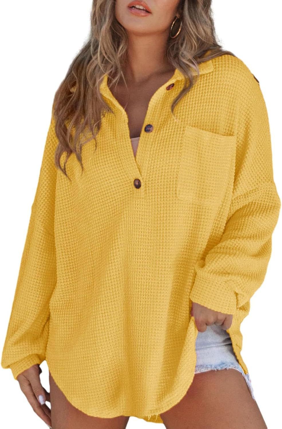 Women's casual ribbed knit top with button placket Lune London