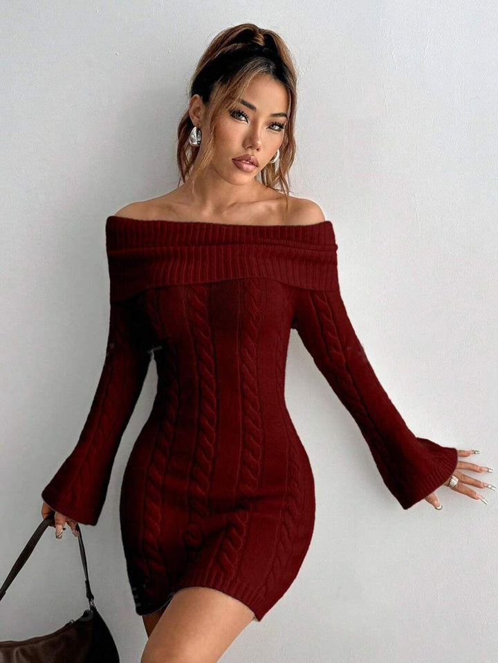 Women's Fitted Knitted Dress with Wide Neckline Lune London