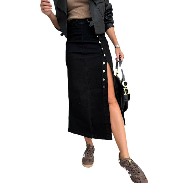Women's Long Denim Skirt with Side Slit and Button Details Lune London