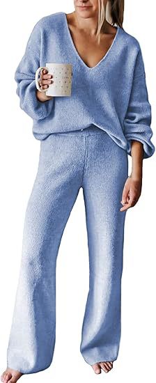 Dames Ensemble tricot confortable avec décolleté en V et jambe large Lune London