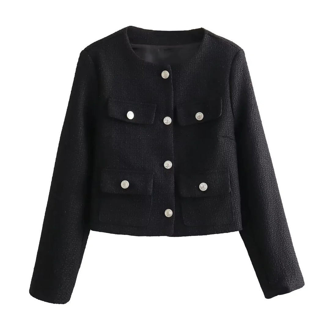 Veste courte tendance pour femmes avec boutons dorés et poches plaquées Lune London