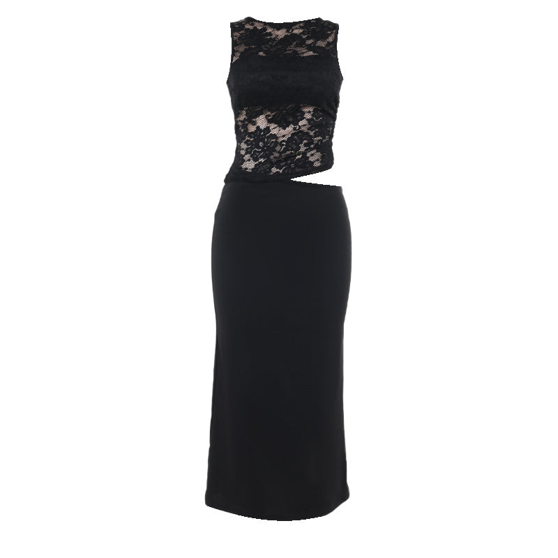 Chic woman lace overlay midi dress Lune London