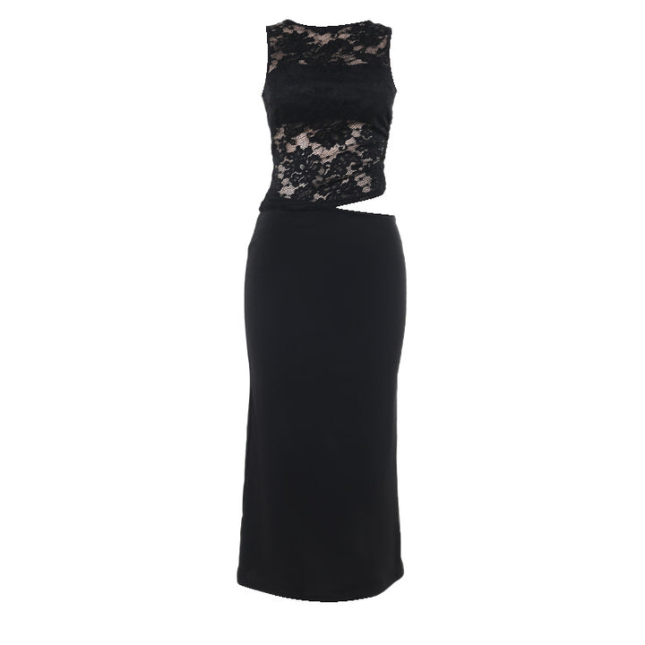 Chic woman lace overlay midi dress Lune London