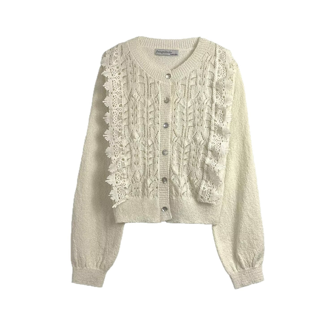 Knitted jacket for women with delicate crochet accents and a chic button placket