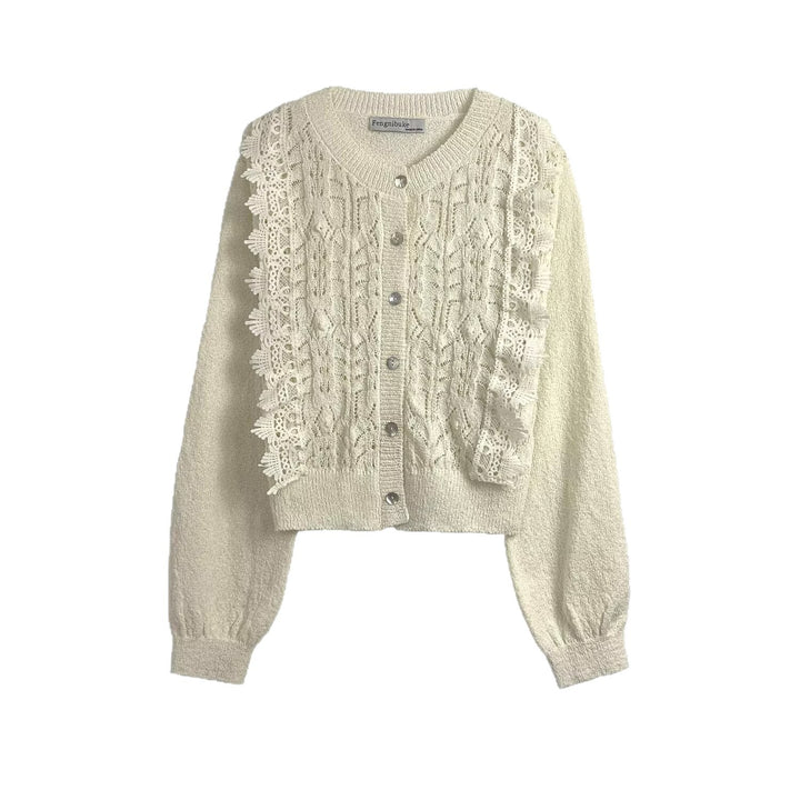 Knitted jacket for women with delicate crochet accents and a chic button placket