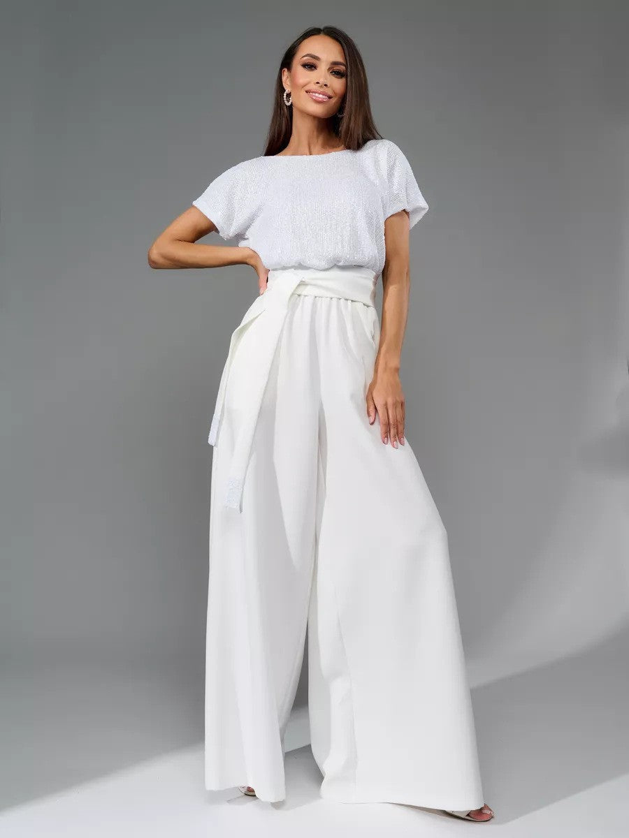 Women's Glittering Jumpsuit with Wide Leg and Waist Belt Lune London