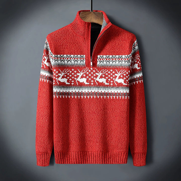 Lune London | Winter sweater for men - warm knitted sweater with half-zip and Scandinavian reindeer pattern