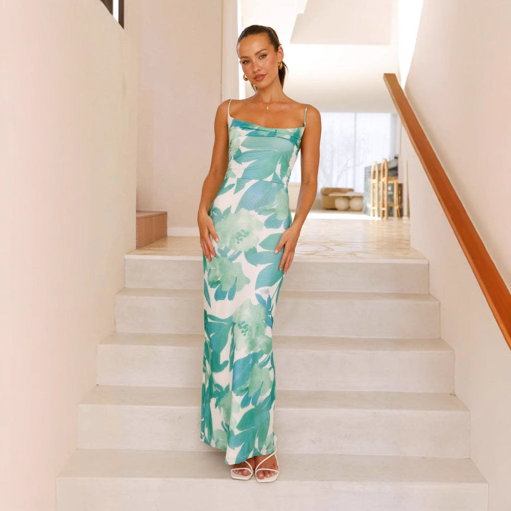 Elegant maxi dress for women with floral print and thin straps Chic & Stil