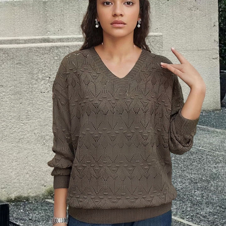 Knit sweater for women with V-neck and a delicate lace design Lune London