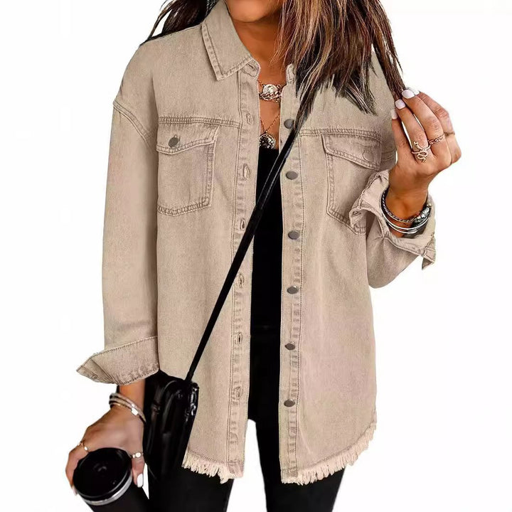 Casual denim jacket for women with frayed hems and patch pockets Lune London