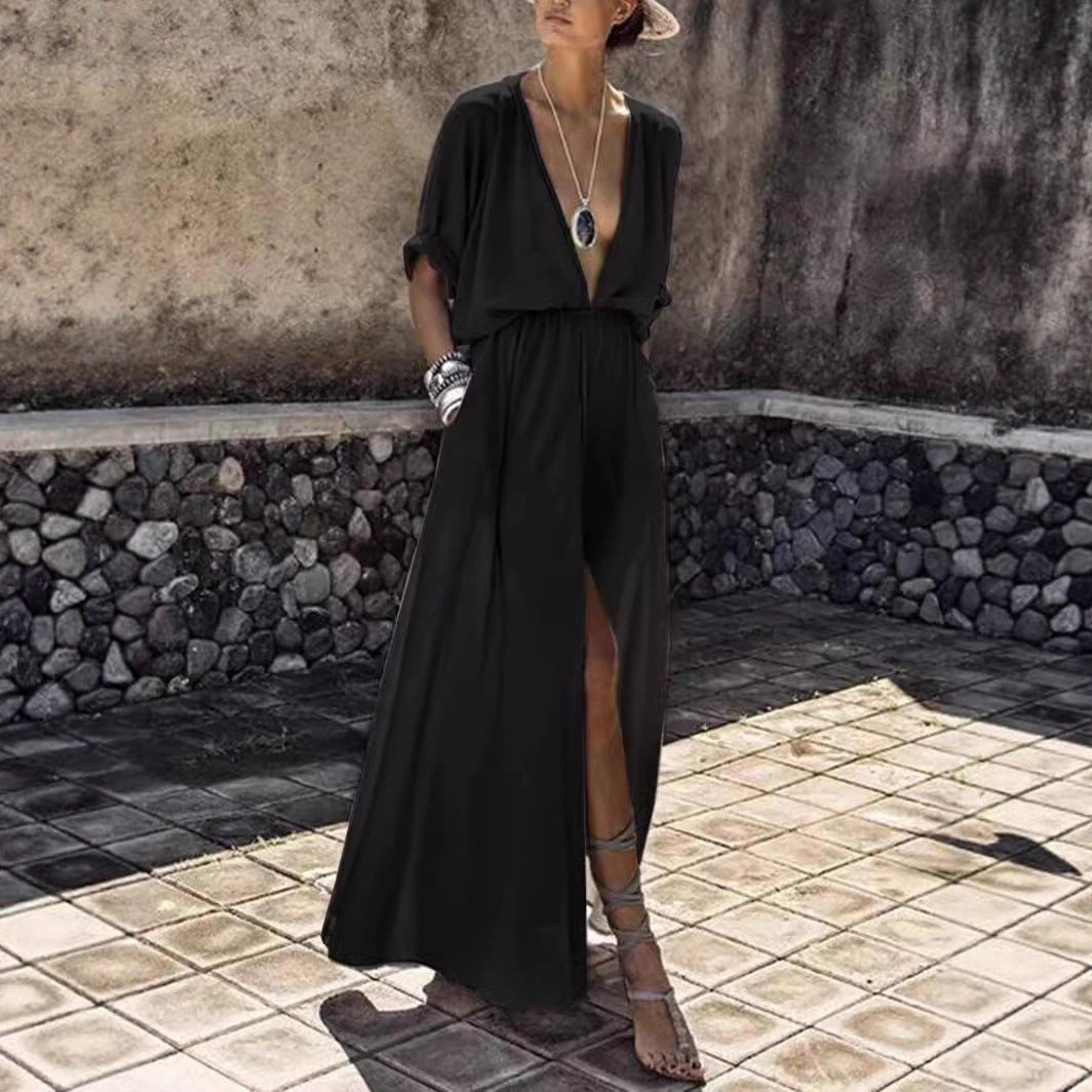 Women's Elegant Maxi Dress with Deep V-Neck and High Slit Lune London