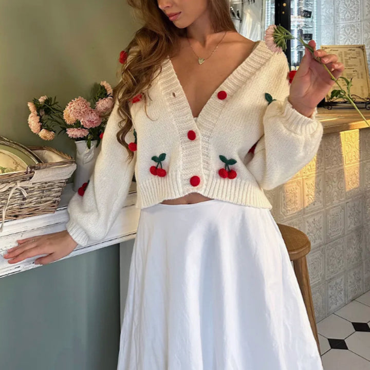 Lady cardigan with embroidered floral design and ribbed edge Lune London