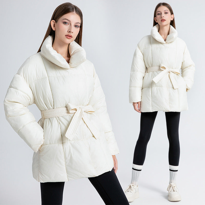 Ladies Quilted Jacket with Belt and Elegant Chic Collar Shape