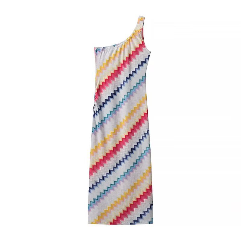 Maxi dress for women with asymmetrical neckline and bright zigzag pattern Lune London