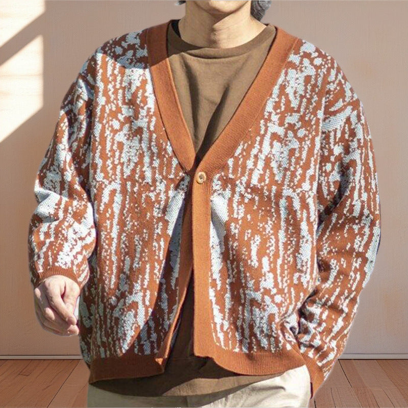 Trendy knit cardigan for men with a stylish pattern and a chic V neck