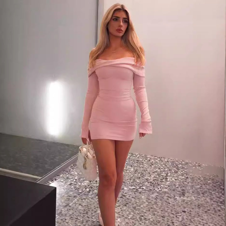Mini off-the-shoulder dress for women with elegant ruching Lune London
