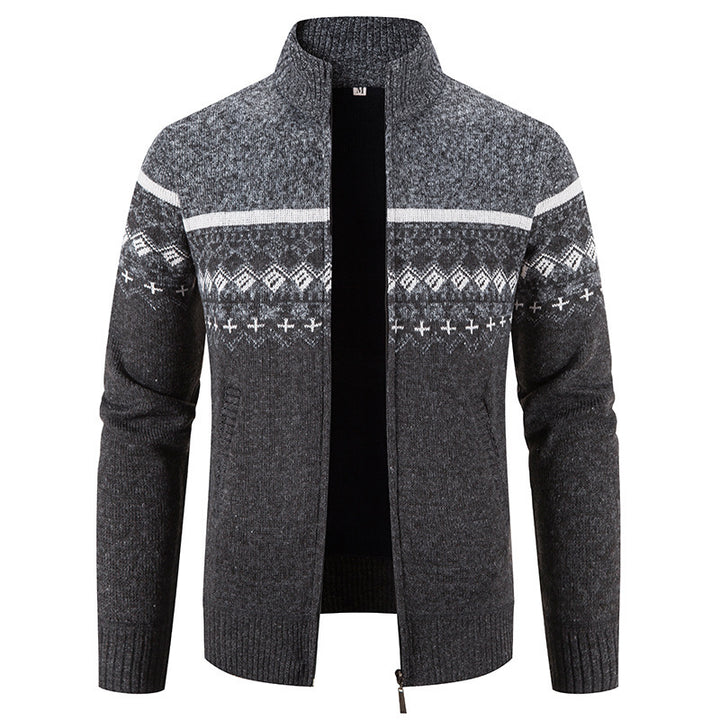 Men's knitted jacket with modern Norwegian pattern and high collar Lune London