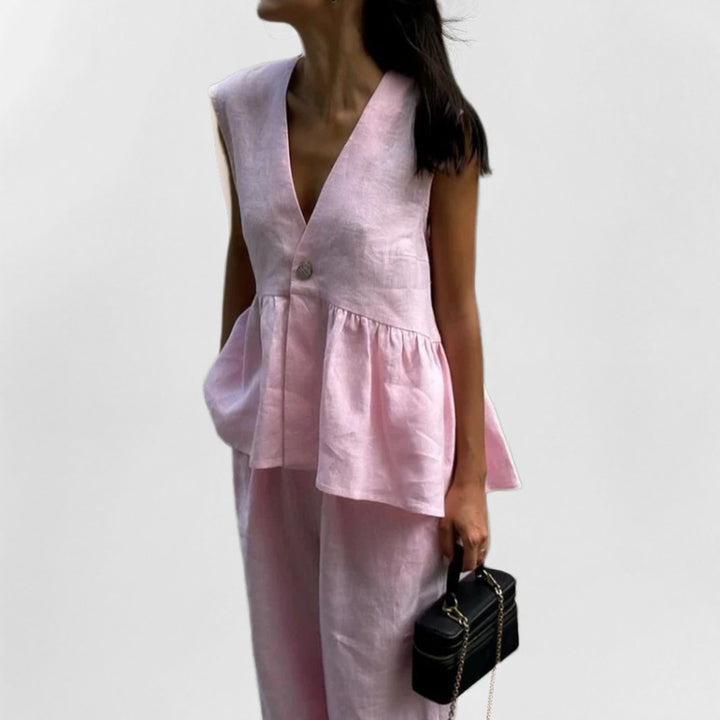 Ensemble pour femme en lin léger avec un décolleté en V profond et des jambes larges Chic & Stil