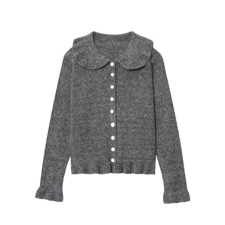 Womens knit jacket with classic Peter Pan collar and elegant button details Lune London