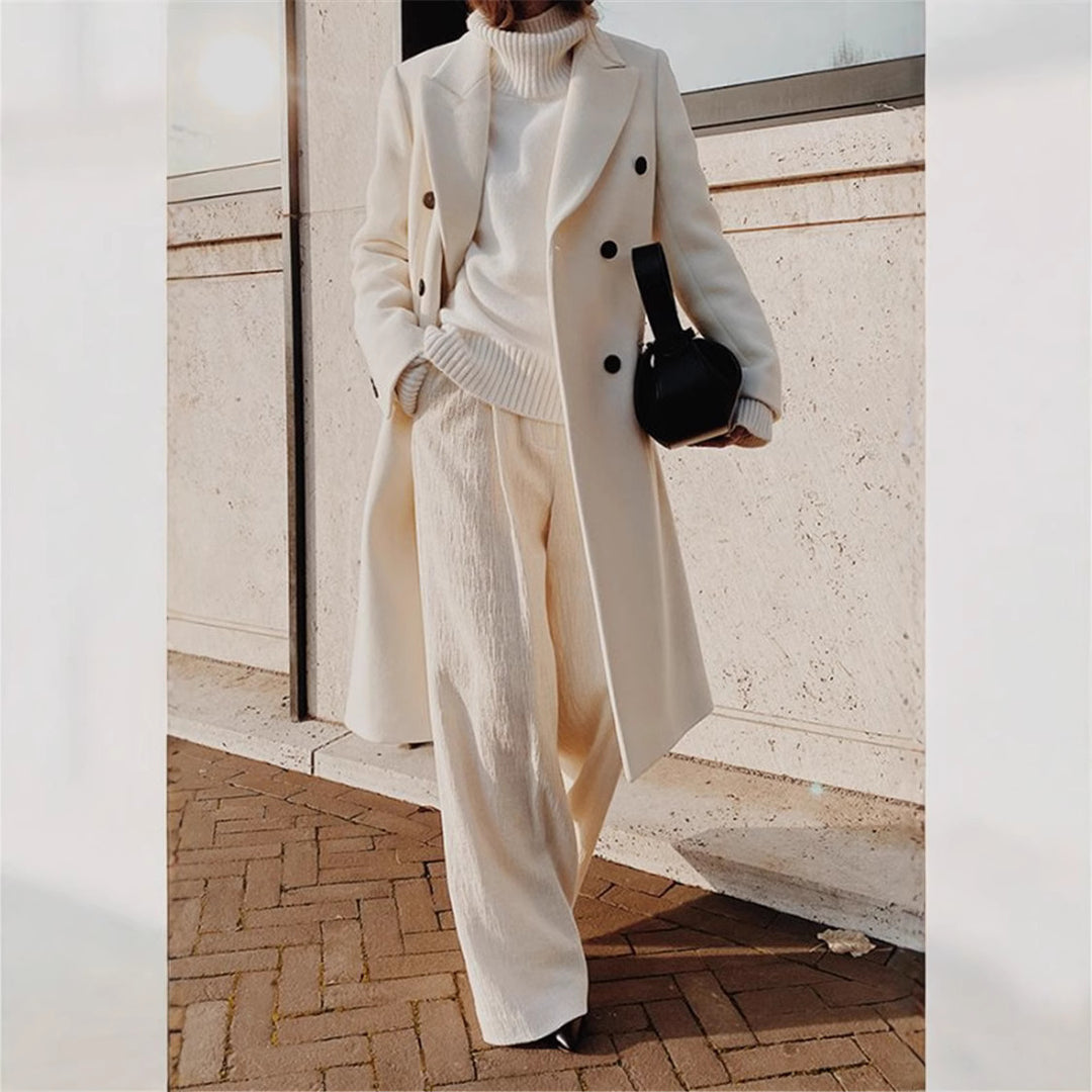 Ladies Long Wool Coat with Double-breasted and Wide Lapel Lune London
