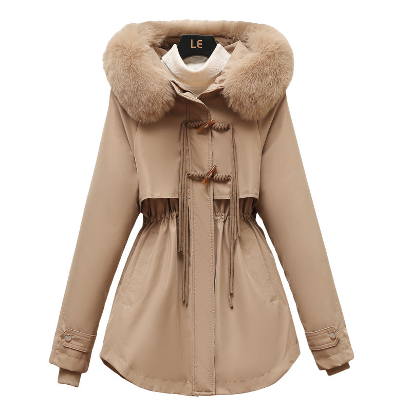 Ladies winter down jacket with a removable faux fur collar and a drawstring waist Lune London