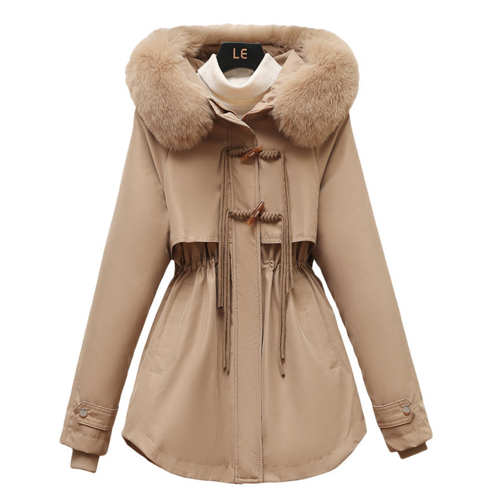 Ladies winter down jacket with a removable faux fur collar and a drawstring waist Lune London