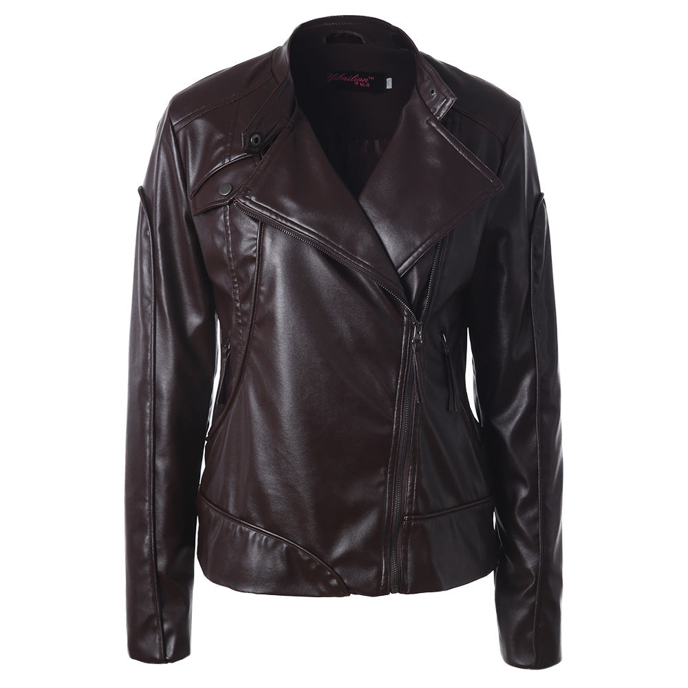 Fashionable synthetic leather jacket for women with asymmetrical zipper and high collar Lune London