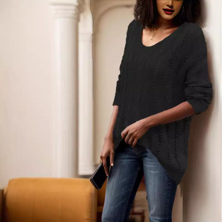 Airy knit sweater for women with ribbed texture and asymmetrical hem Lune London
