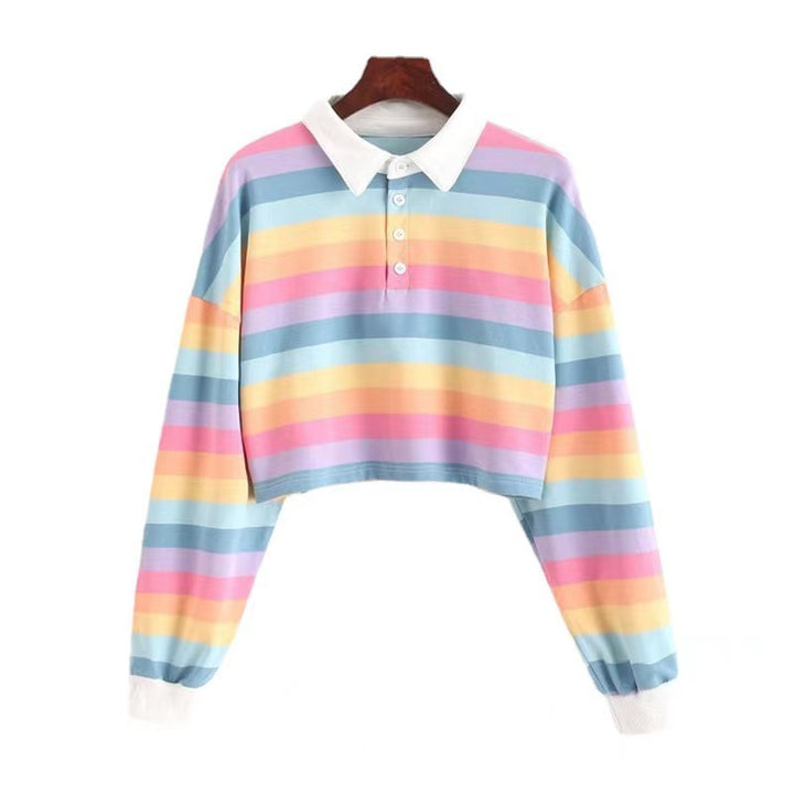Women Cropped Polo Shirt with Colorful Stripes and Loose Fit Chic & Stil