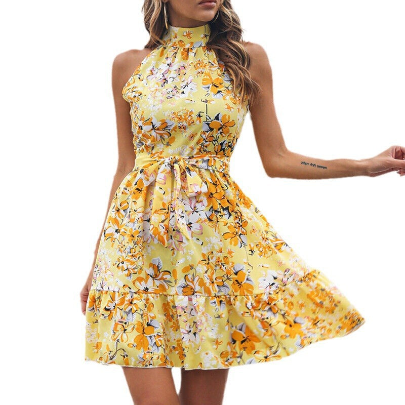 Casual summer dress for women with high collar and ruffled hem Lune London