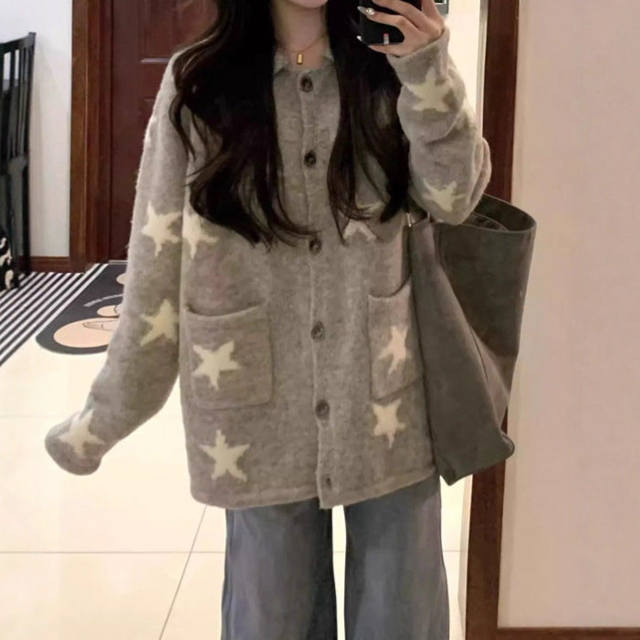 Knitted women's jacket with star pattern and practical pockets Lune London