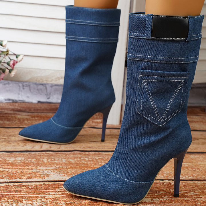 Knee-high denim boots for women made of high-quality denim with a chic stylish heel