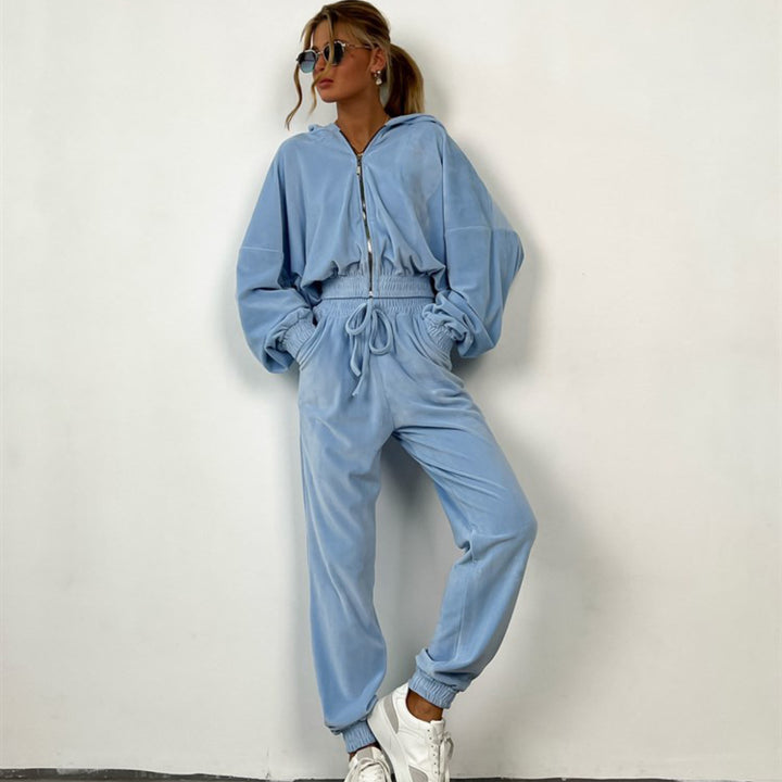 Ladies Velvet leisure outfit with drawstring and zip Lune London