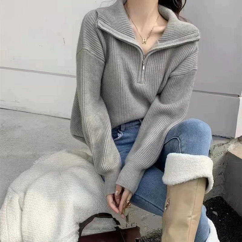 Knit sweater for women with high collar and half-zip Lune London