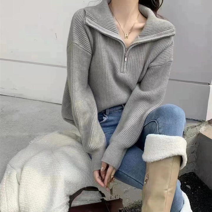 Knit sweater for women with high collar and half-zip Lune London