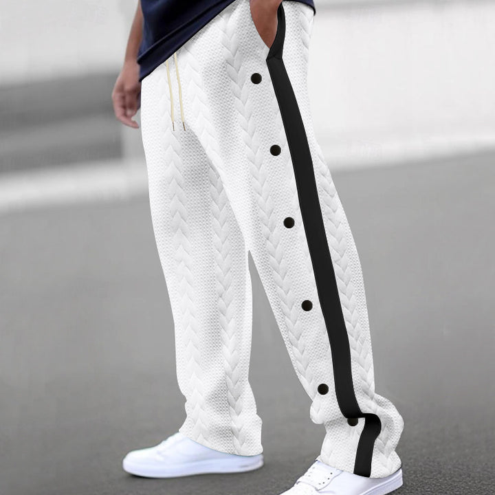 Casual cargo pants for men with side snap buttons and modern textile textures Lune London