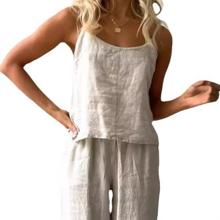 Casual linen set for women with strapless blouse and wide leg pants Lune London