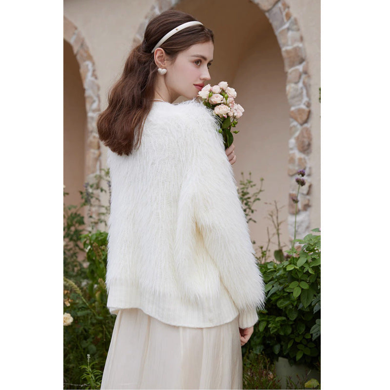 Knitted jacket for women with fluffy sleeves and button closure Lune London