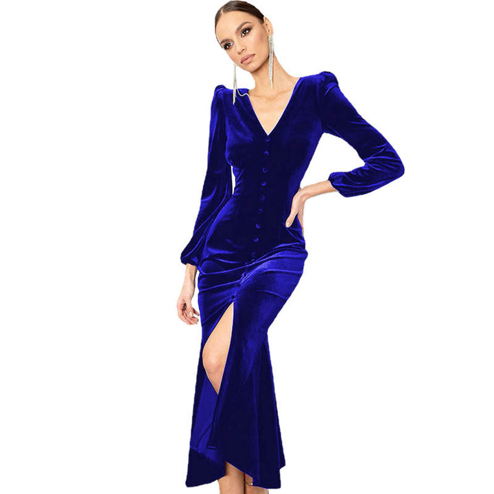Maxi velvet dress for women with central button closure and side slit Lune London