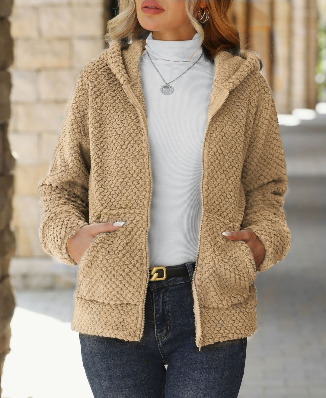 Ladies soft fleece jacket with hood and pockets Lune London