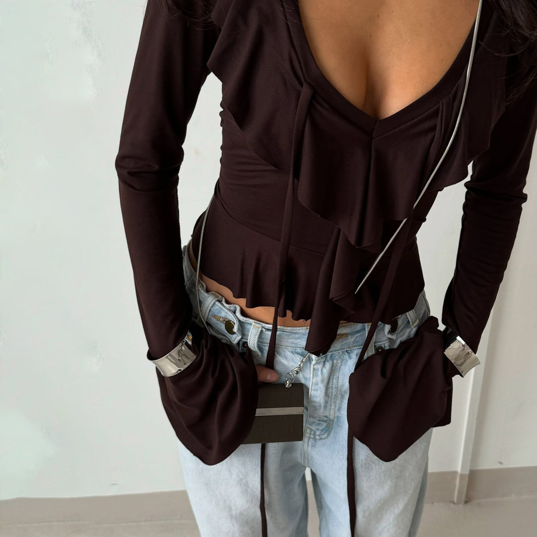 Long sleeve blouse for women with ruffles and plunging V-neck Lune London