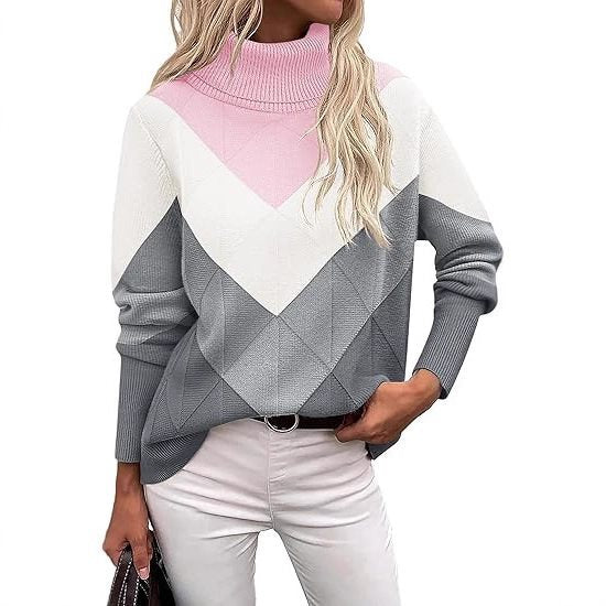 Trendy knit sweater for women with a high collar and geometric design Lune London