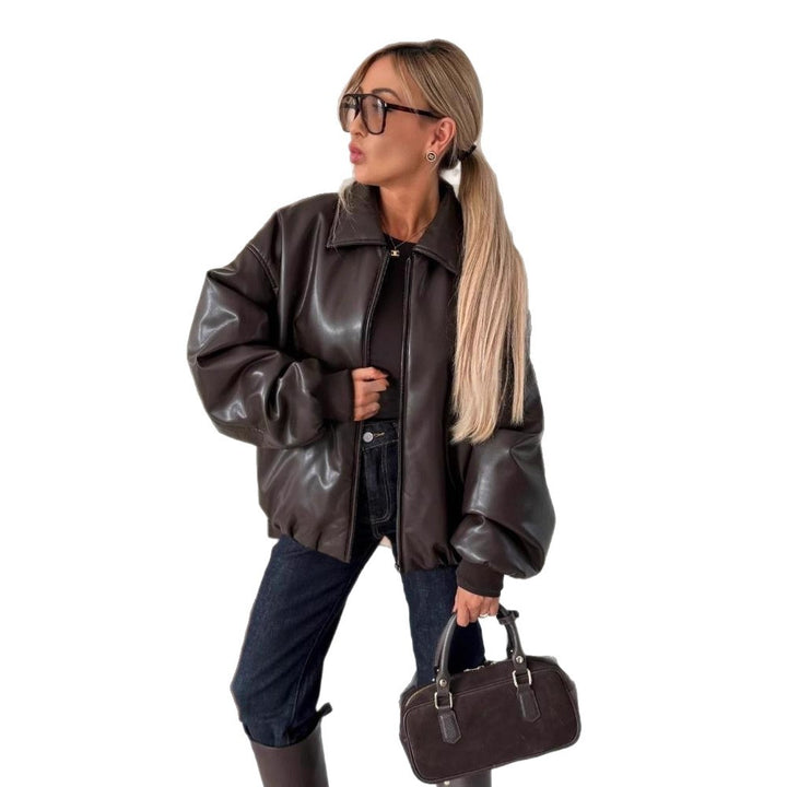 Veste en cuir surdimensionnée pour femmes avec col profond et fermeture éclair Chic & Stil