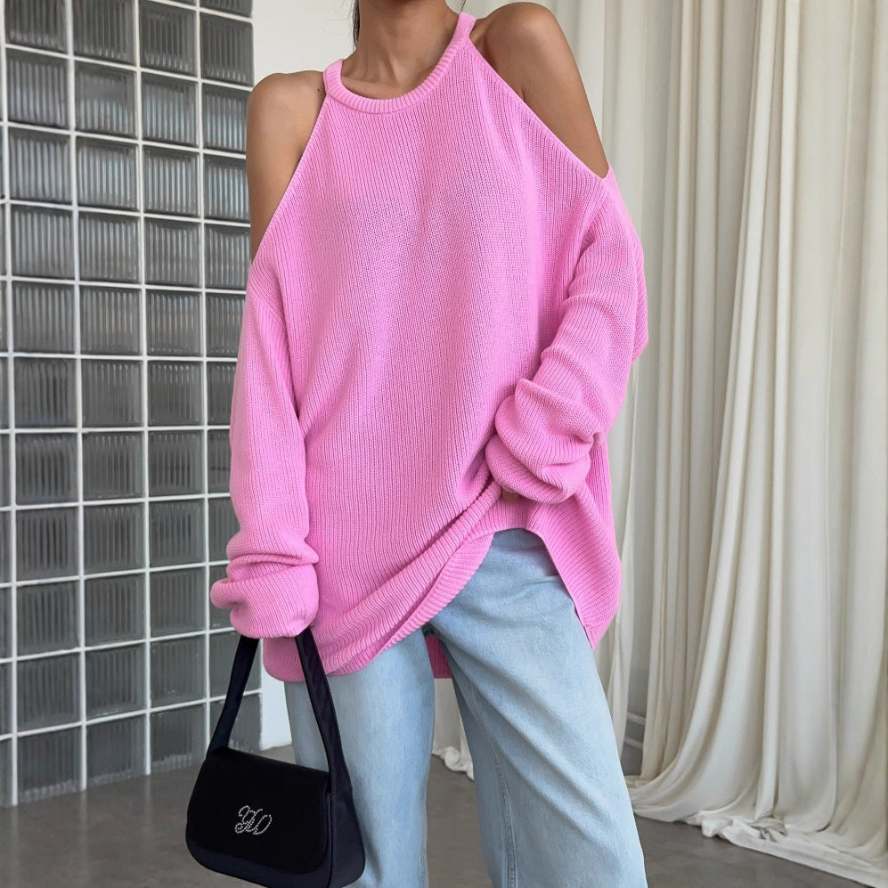 Casual knitted pullover for women with an open shoulder design and soft ribbed pattern Lune London